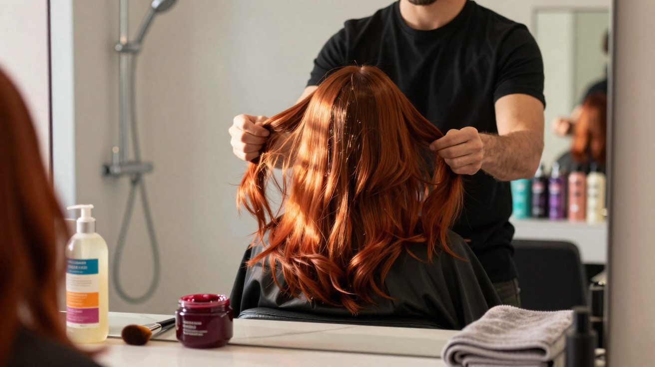 Hairdresser styling long wavy red hair of a seated woman in a salon with hair products on the counter.
