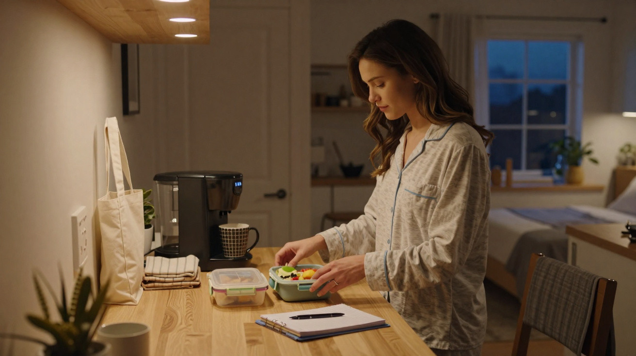 Woman in pajamas preparing a lunchbox on a kitchen counter in a softly lit home during evening.