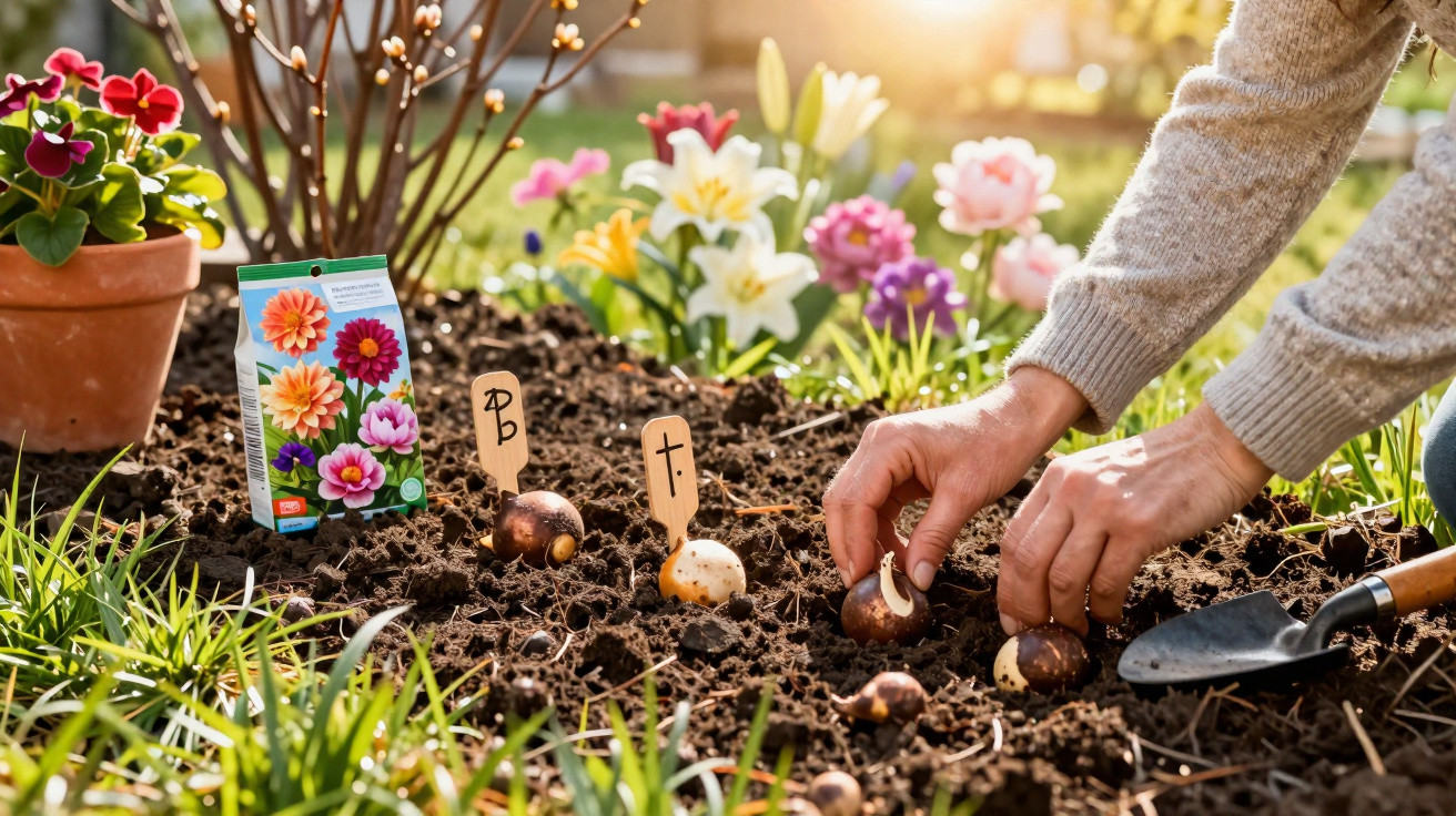 Hands planting flower bulbs in soil in a garden bed with a seed packet and colourful flowers in the background.