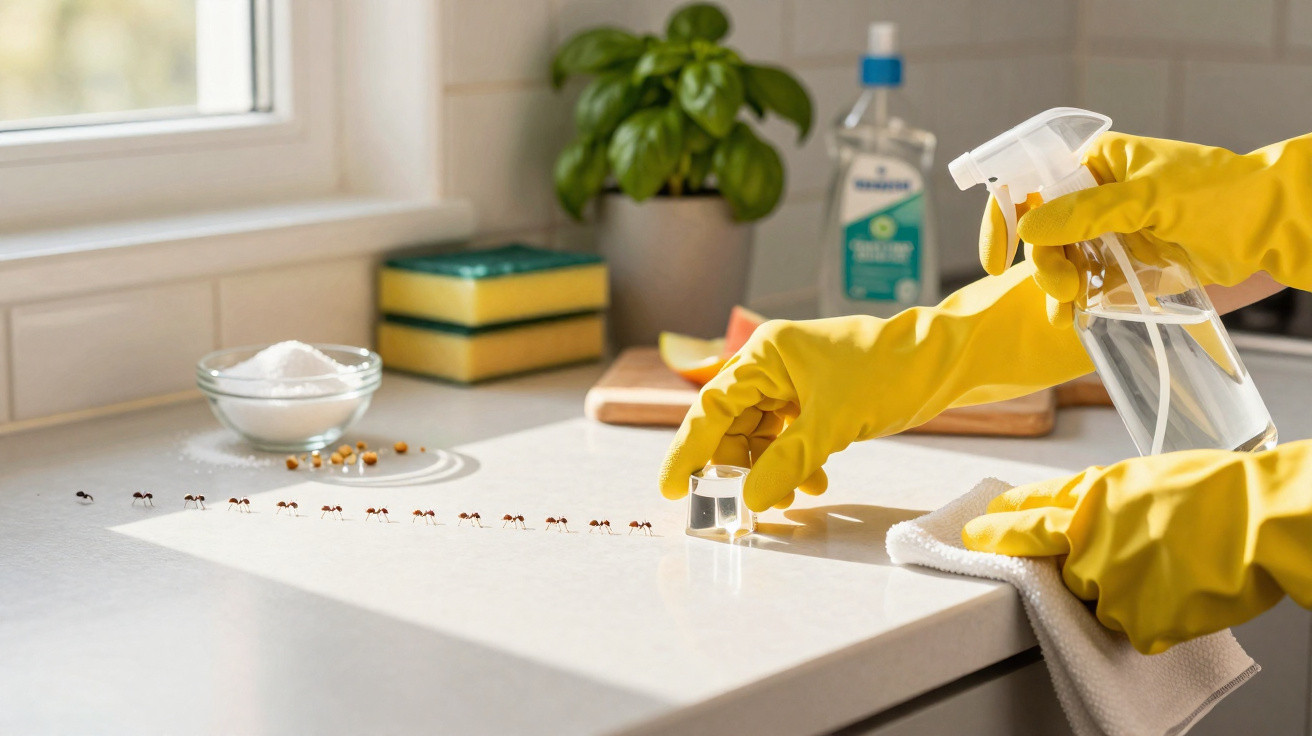 Person wearing yellow gloves spraying ants on a kitchen countertop near cleaning supplies and a plant.