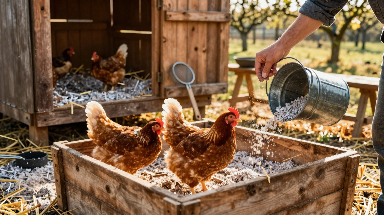 Person feeding two brown chickens in a wooden pen near a chicken coop on a sunny day.