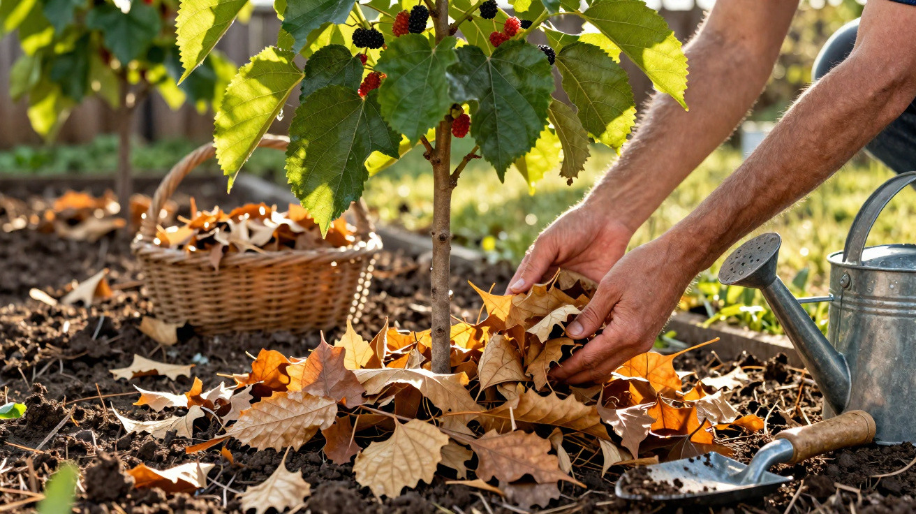 Hands placing dry autumn leaves around a young mulberry tree in a garden with watering can and basket nearby.