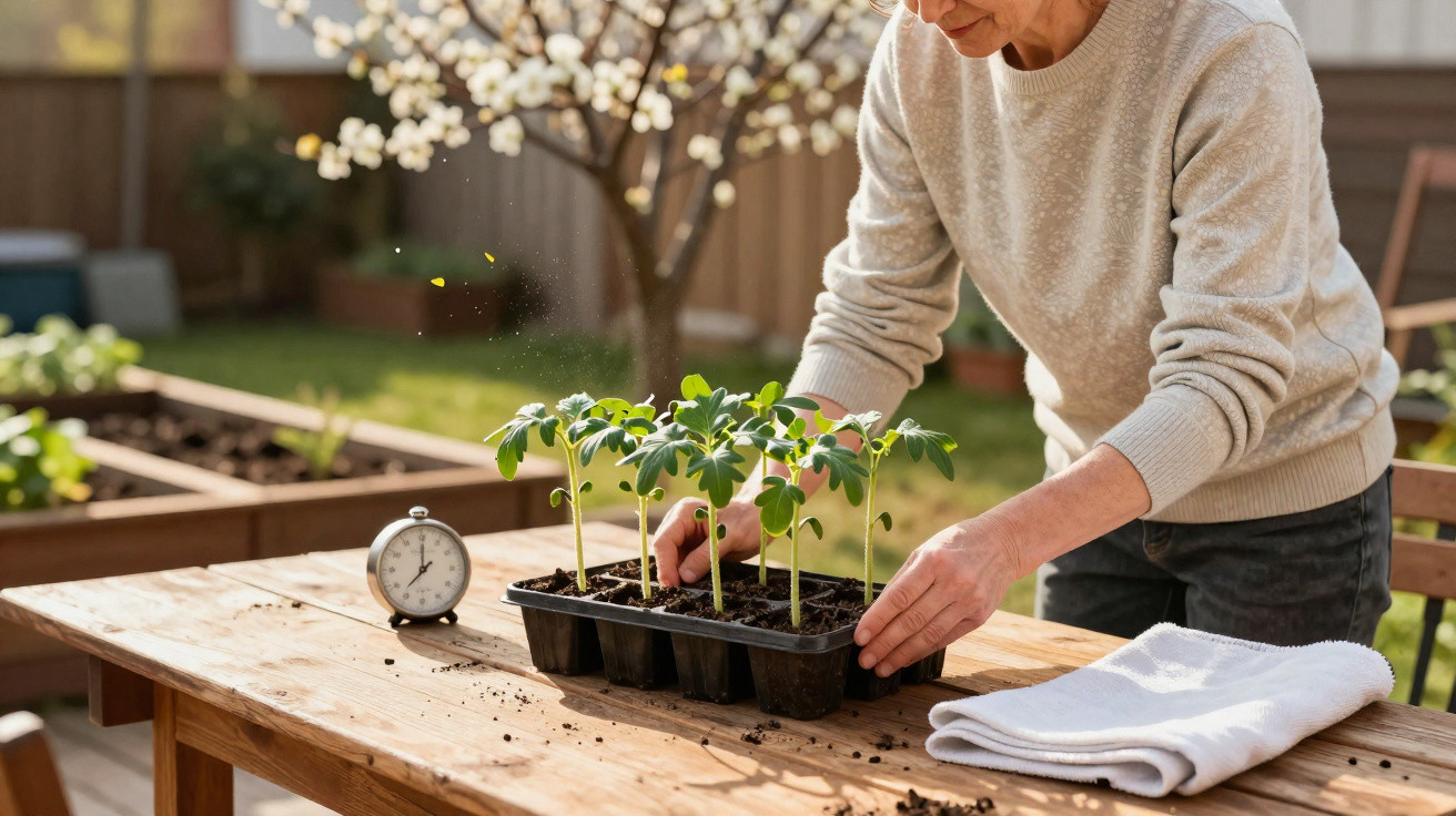 Person tending to young seedlings in a tray on a wooden table outdoors in a garden setting.