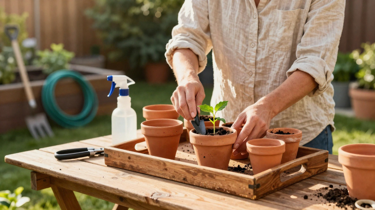 Person planting a seedling in a terracotta pot on a wooden tray outdoors with gardening tools nearby.