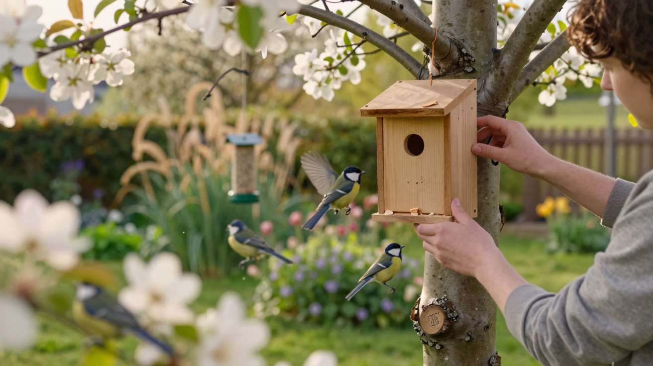 Person attaching a wooden birdhouse to a blossoming tree with great tits flying nearby in a garden.