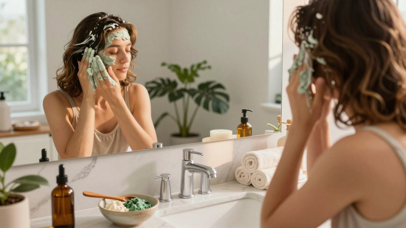 Woman applying green facial mask while looking in bathroom mirror with plants and toiletries around sink