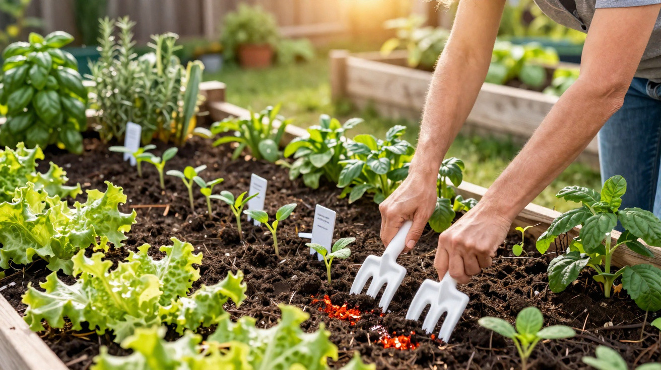 Person using hand rakes to tend to seedlings in a raised garden bed with leafy greens and herbs.
