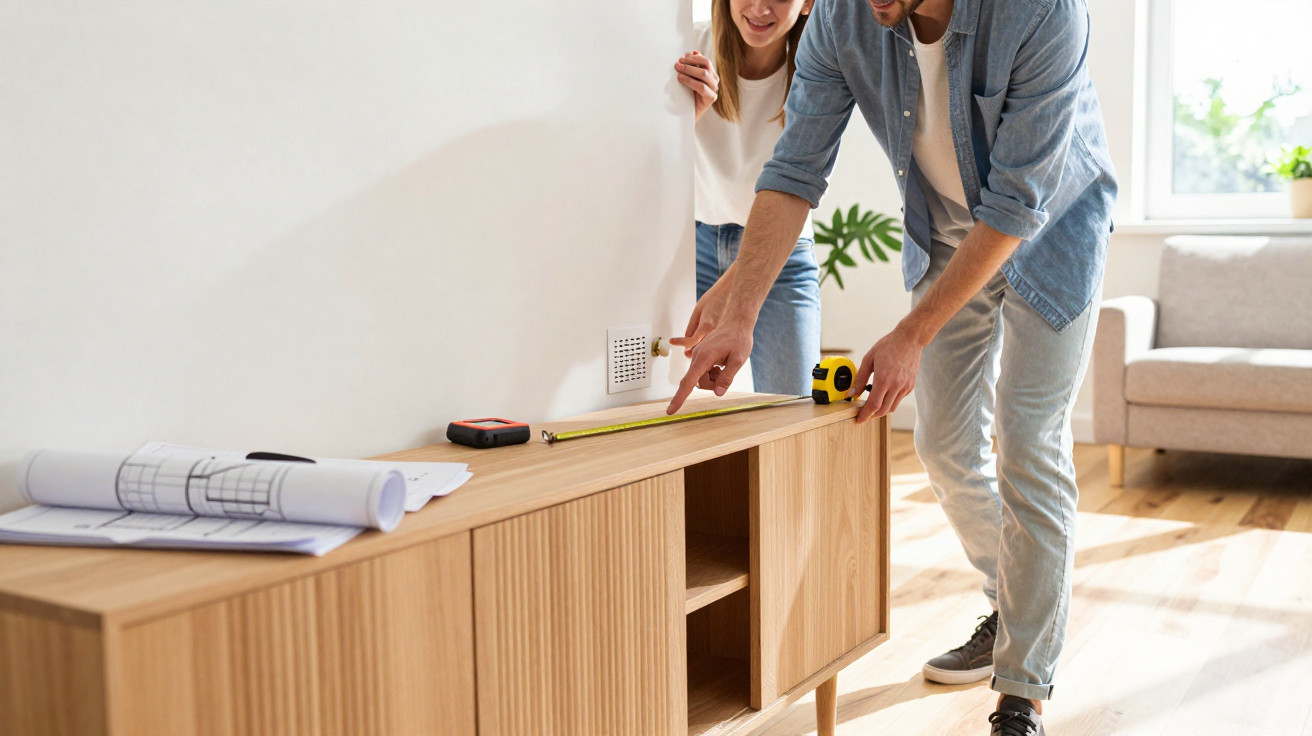 Couple measuring wooden cabinet with tape measure in a bright, modern living room with plans on top.