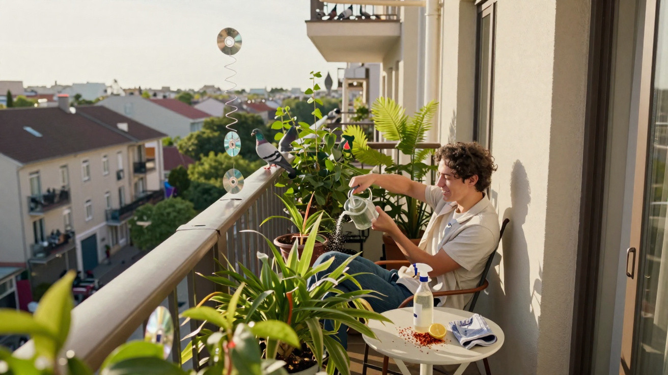 Young man watering plants on a sunny balcony with a table holding a lemon, spray bottle, and cloth.