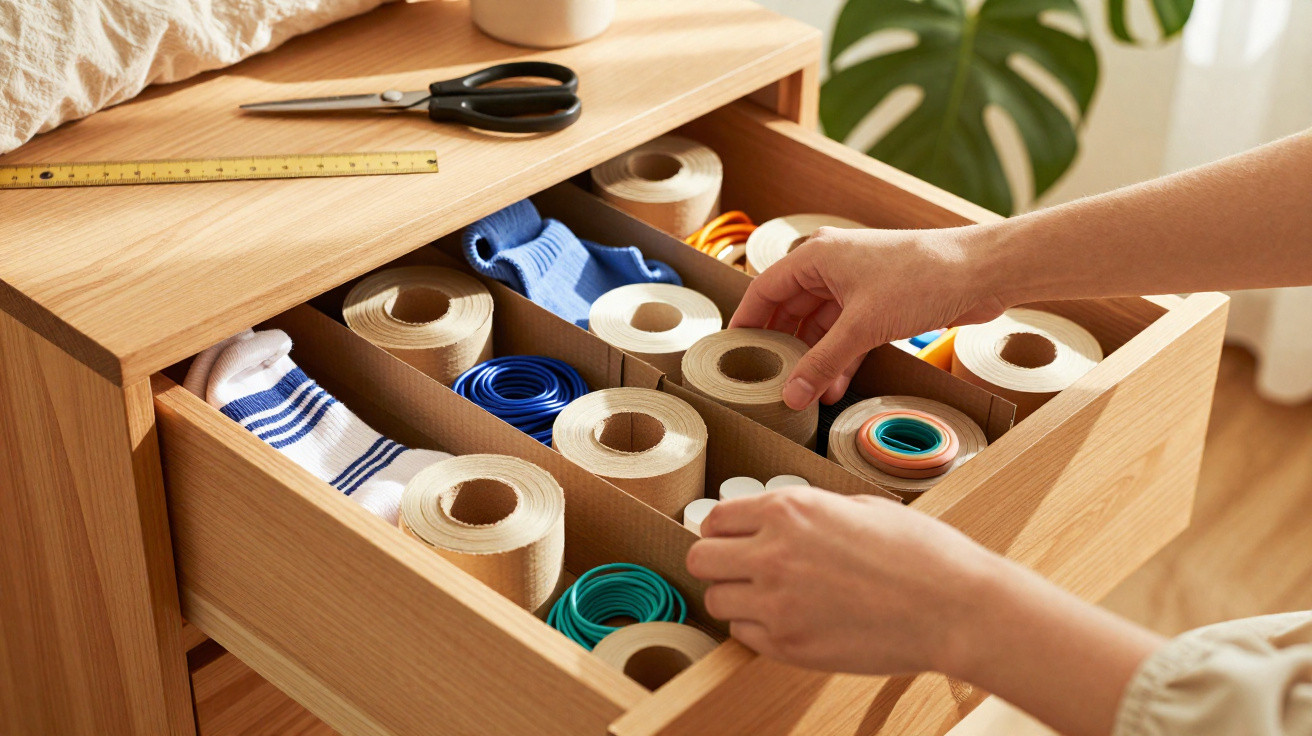 Person organising a drawer with various rolls of adhesive tape, elastic bands, and folded socks inside a wooden cabinet.