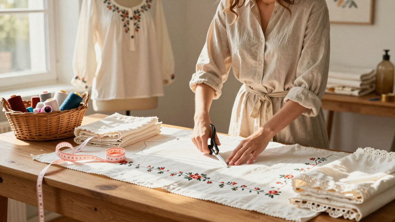 Woman cutting white fabric with floral embroidery on a wooden table surrounded by sewing supplies in a sunlit room.