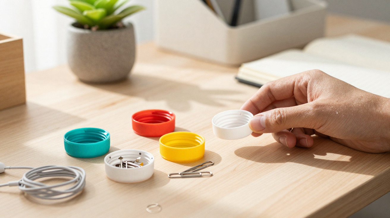 Hand holding a white magnetic bottle cap used to organise paperclips on a wooden desk with other coloured caps nearby.