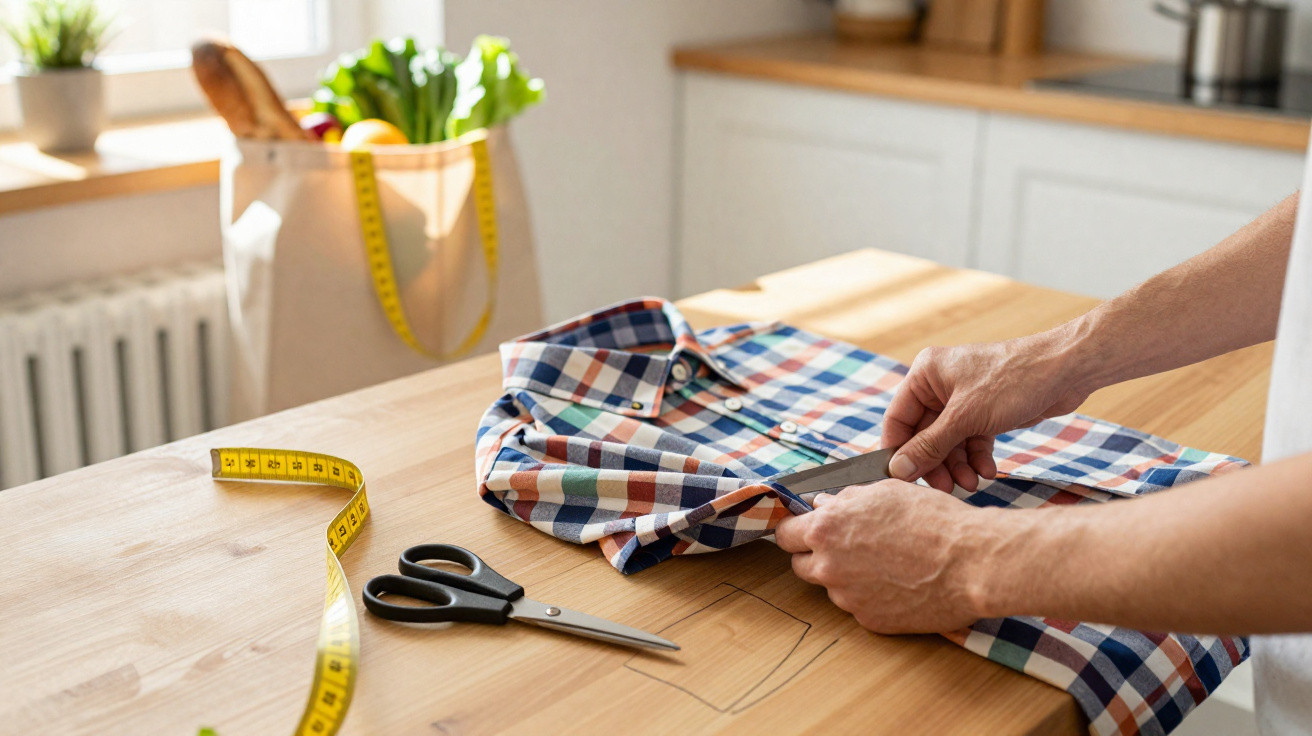 Person cutting a sleeve off a checked shirt on a wooden table with scissors and measuring tape nearby.