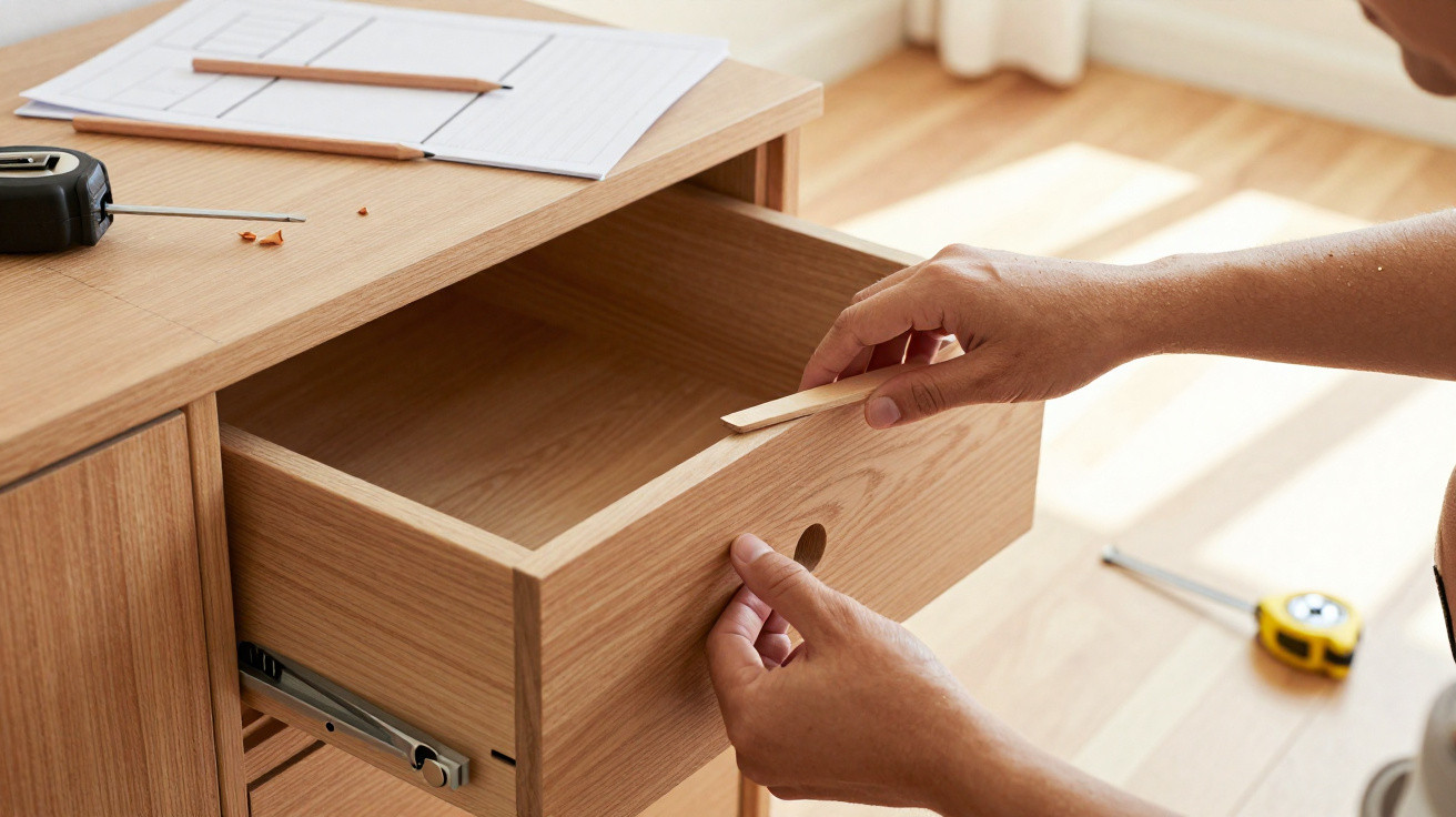 Person assembling a wooden drawer in a sunlit room with tools on the floor and desk.