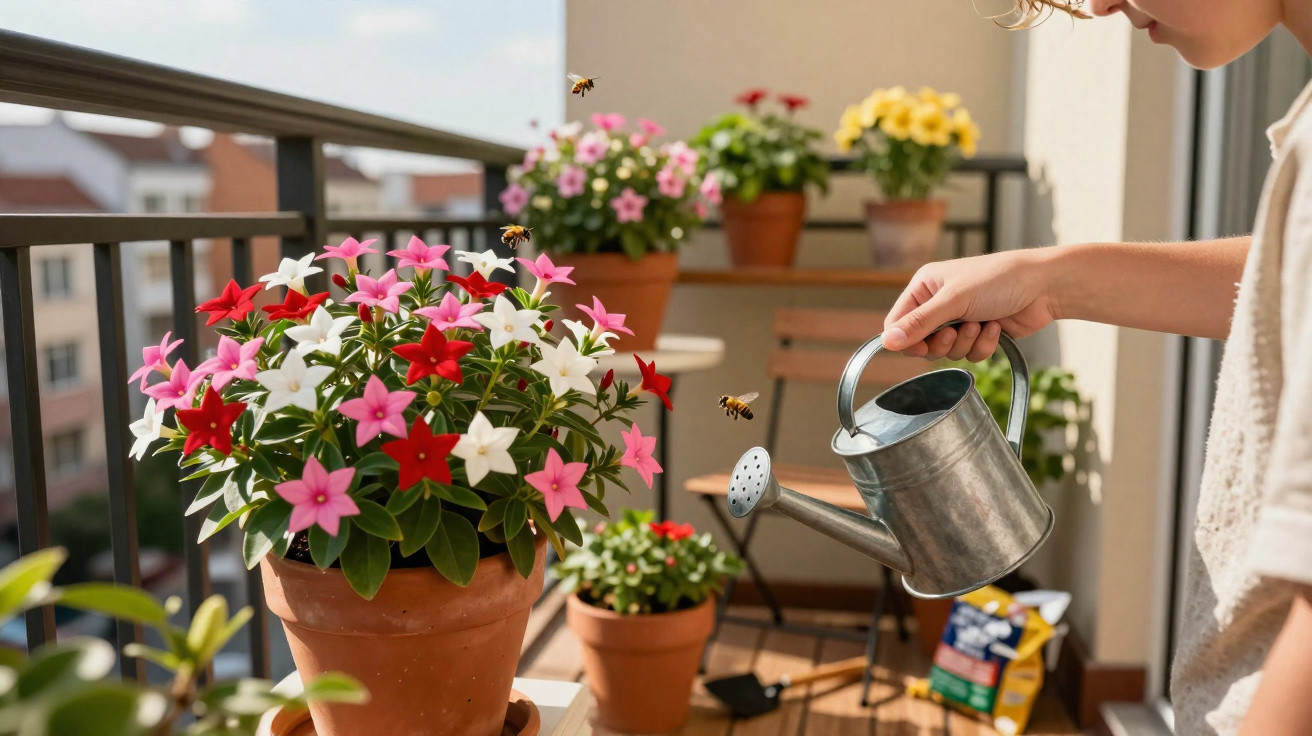 Person watering pink, red, and white potted flowers on a sunny balcony with bees flying nearby.