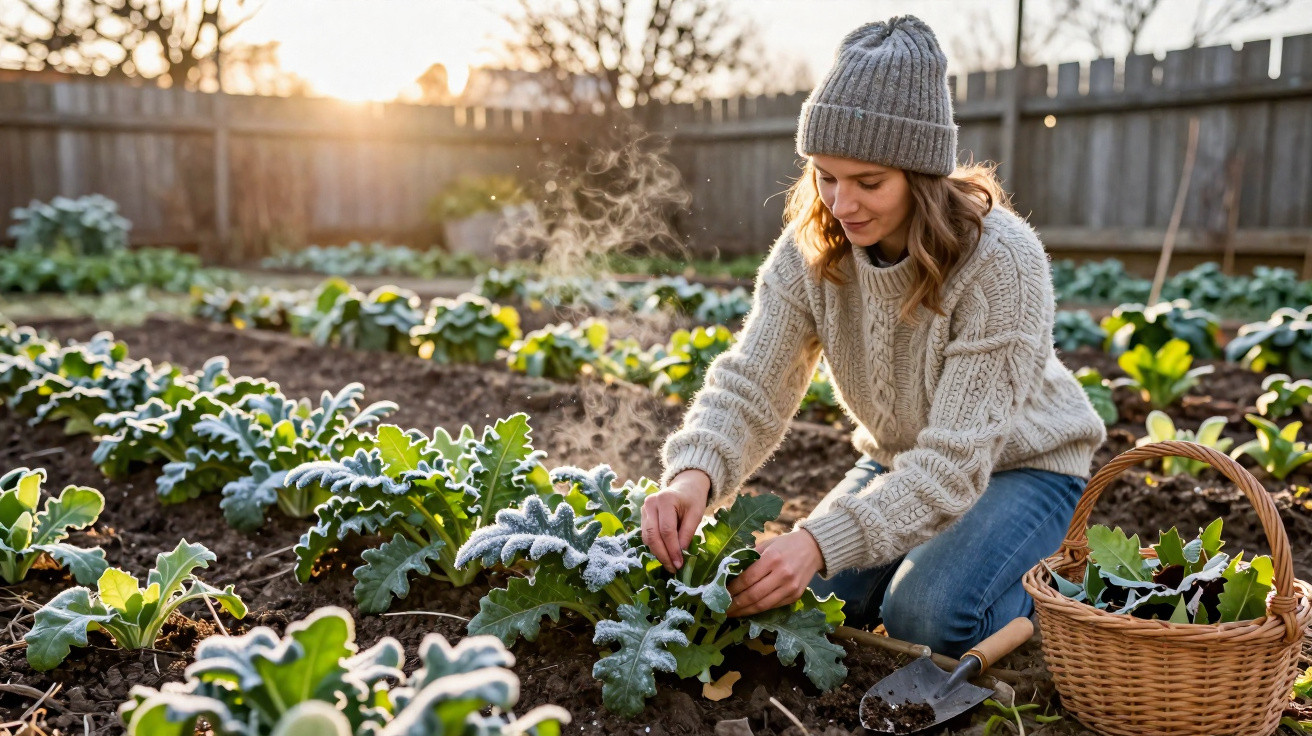 Woman in warm clothing harvesting frosted kale leaves in a garden at sunrise with a basket and gardening tools nearby.