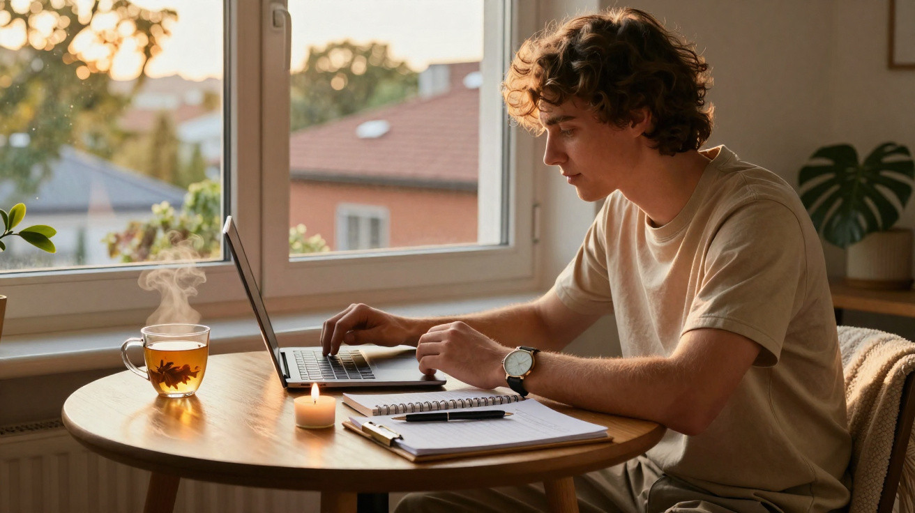 Young man working on laptop at wooden table with notebook, candle, and steaming cup of tea by window at sunset