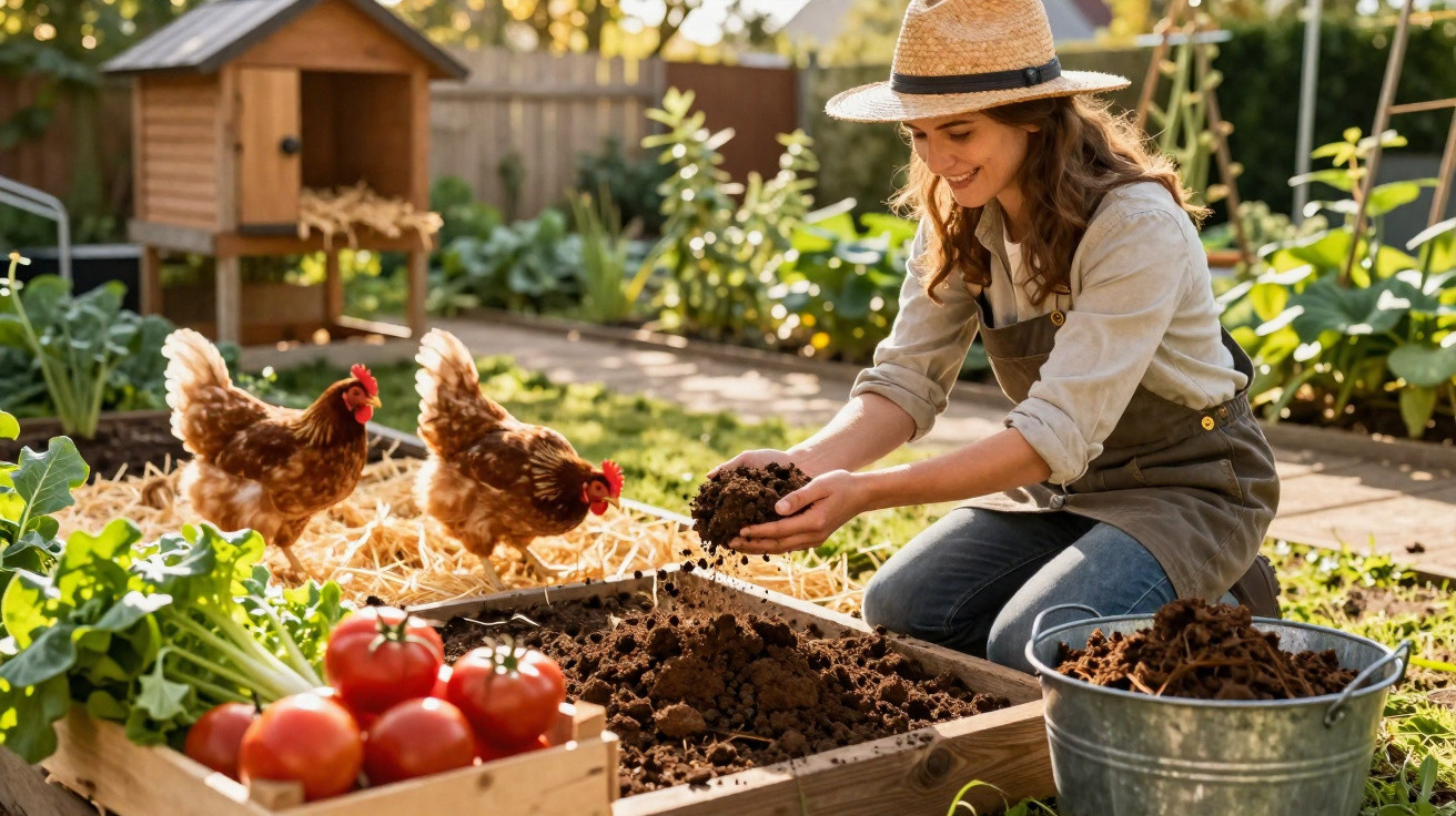 Woman gardening in raised bed with fresh tomatoes and chickens in sunny backyard garden.