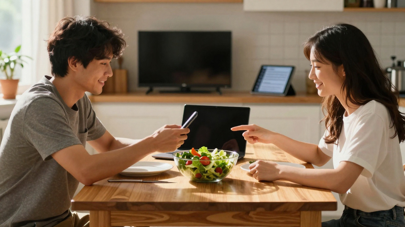 Two people sitting at a wooden table smiling, with a bowl of salad and a laptop between them.