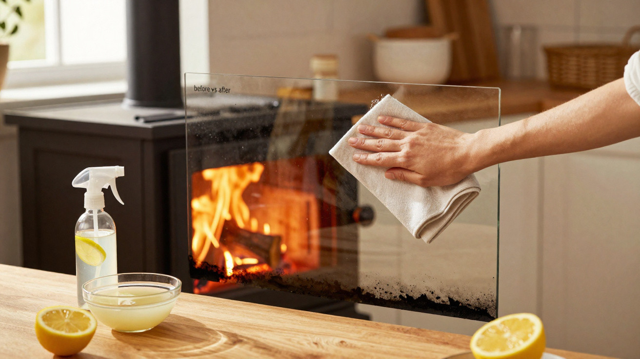Hand wiping a glass fireplace screen with a cloth, showing before and after cleaning, with lemon and spray bottle nearby.