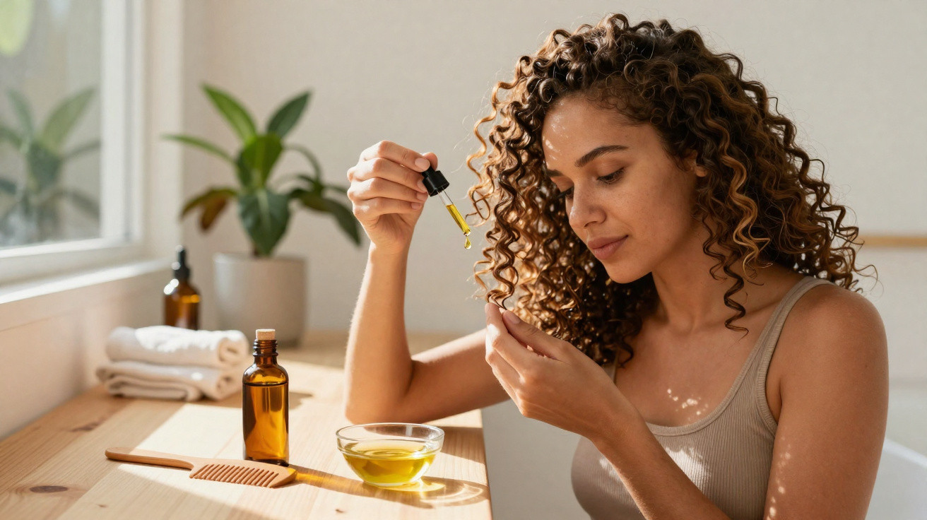 Woman with curly hair applying oil from a dropper onto her hand at a wooden table with skincare products.