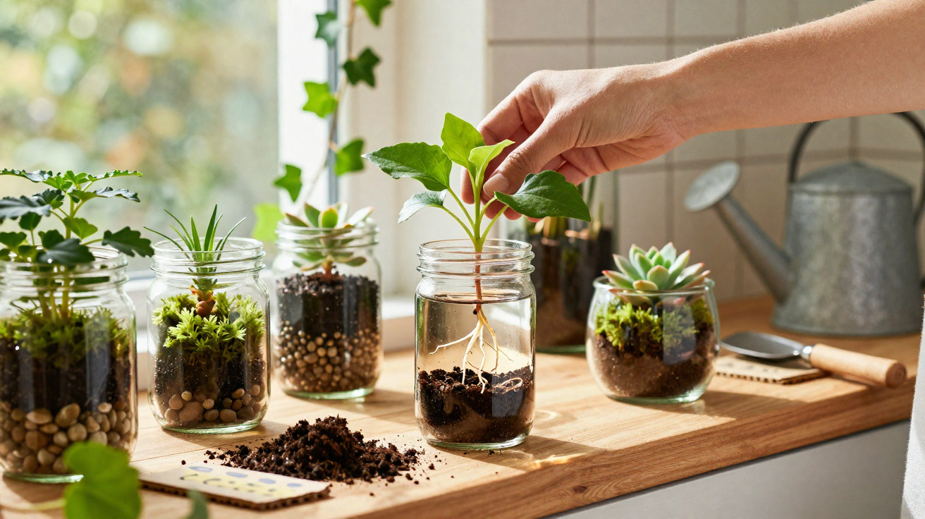 Hand placing a green plant cutting with roots into a glass jar on a wooden table with other jars of plants.