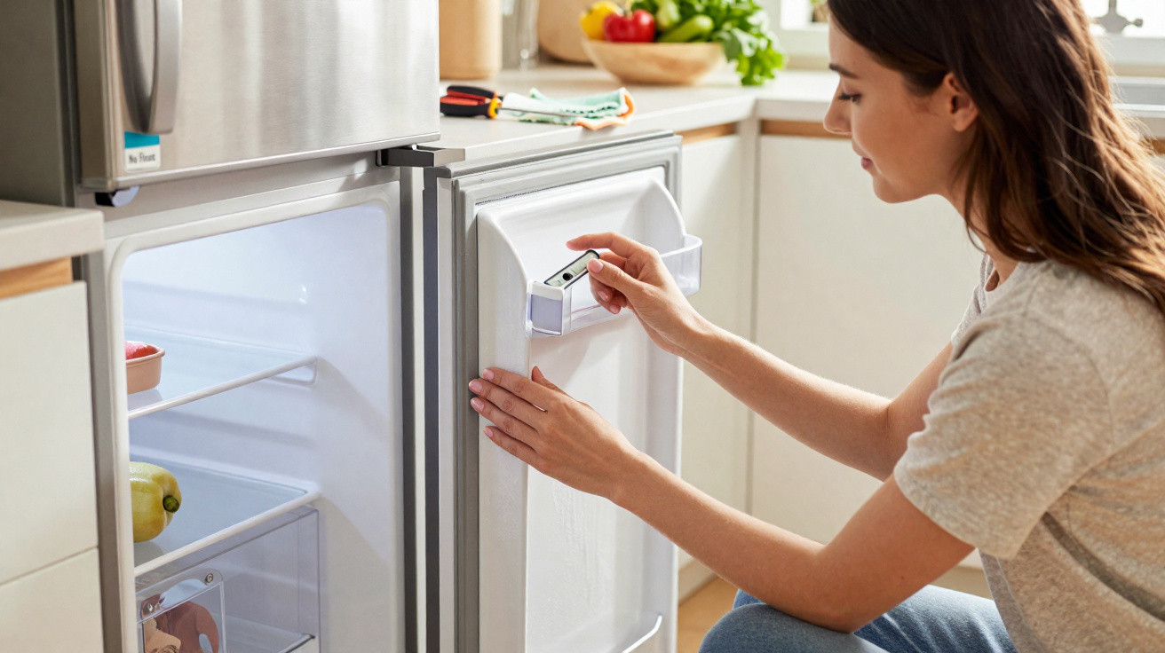Woman adjusting freezer temperature inside open fridge in a bright modern kitchen.
