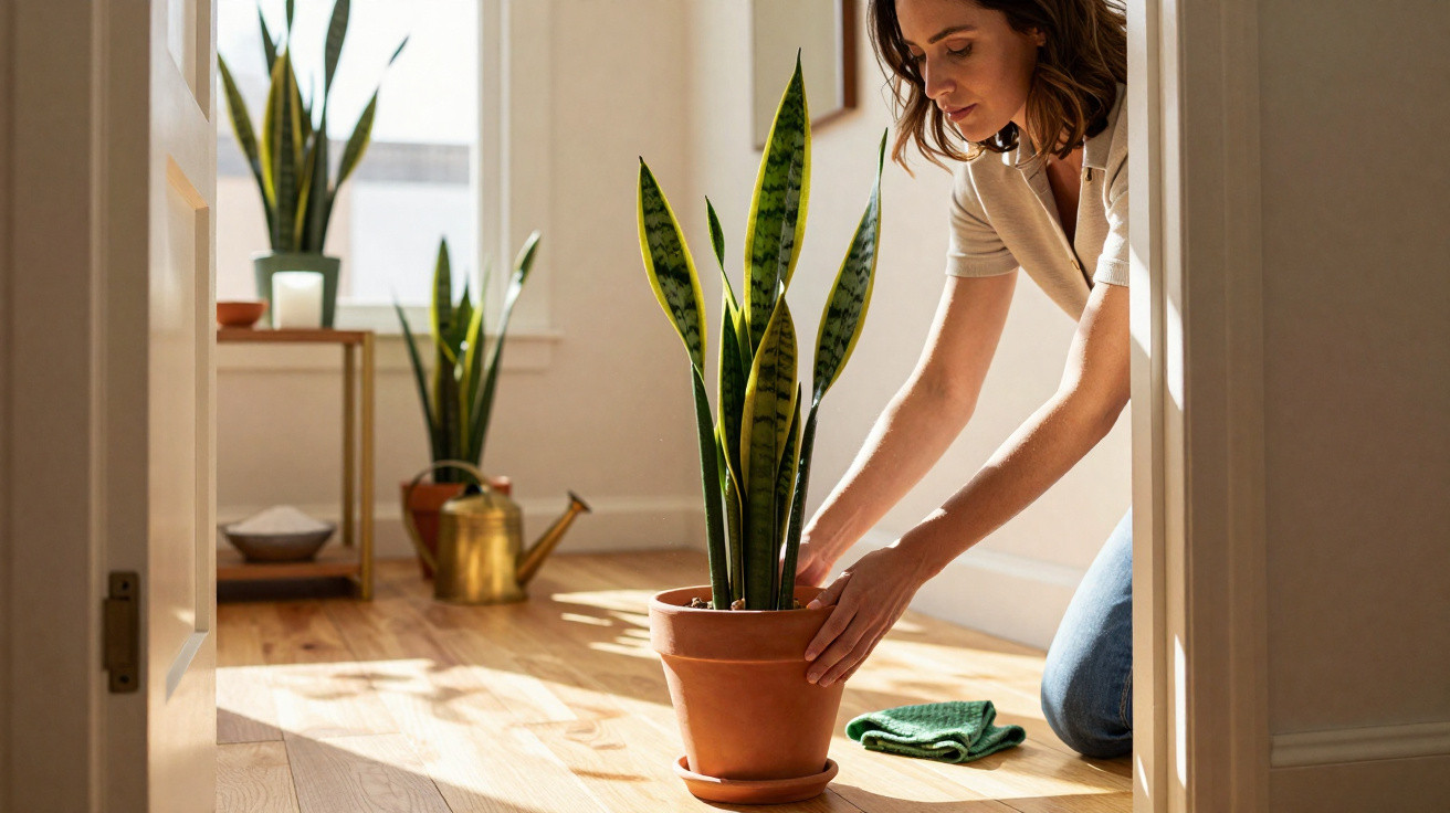 Woman kneeling on wooden floor arranging a potted snake plant near a sunlit window in a cozy room.