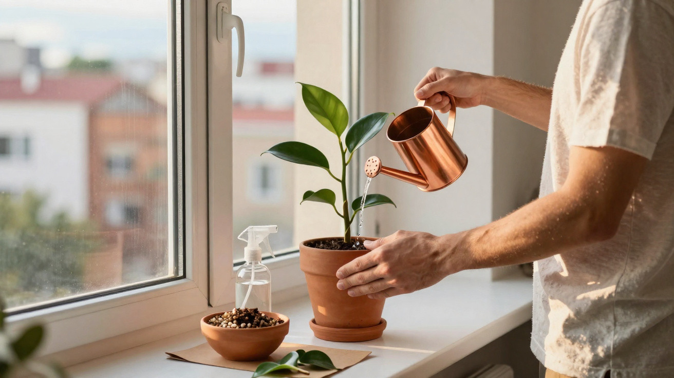 Person watering a green potted plant on a windowsill with a copper watering can in daylight.