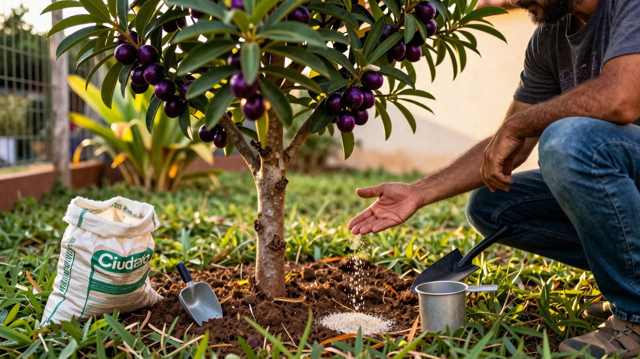 Man fertilising soil around a small fruit tree with gardening tools and fertiliser bag nearby in a garden.