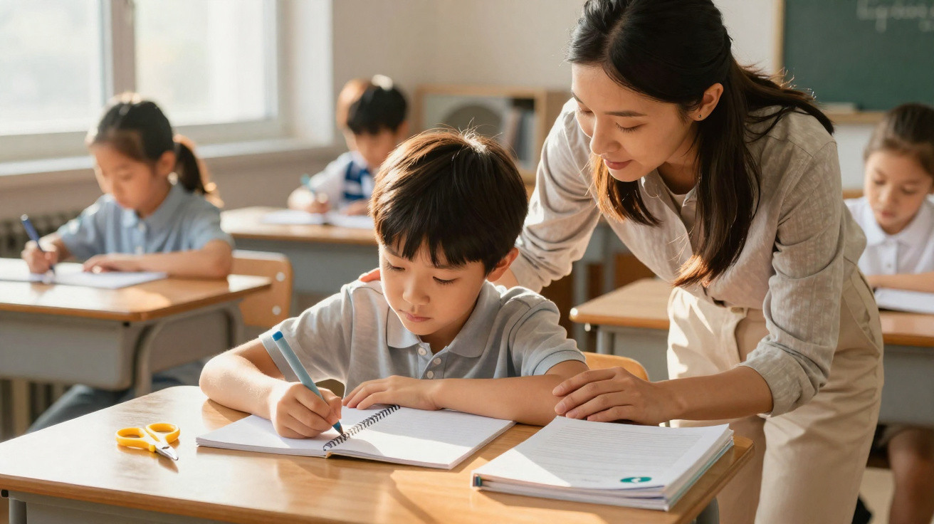 Teacher assisting a young boy with writing at his desk in a classroom with other children working.