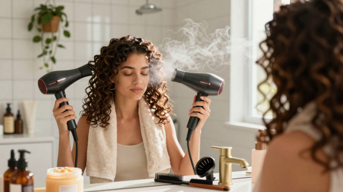 Woman with curly hair drying her hair using two hairdryers in front of a bathroom mirror.