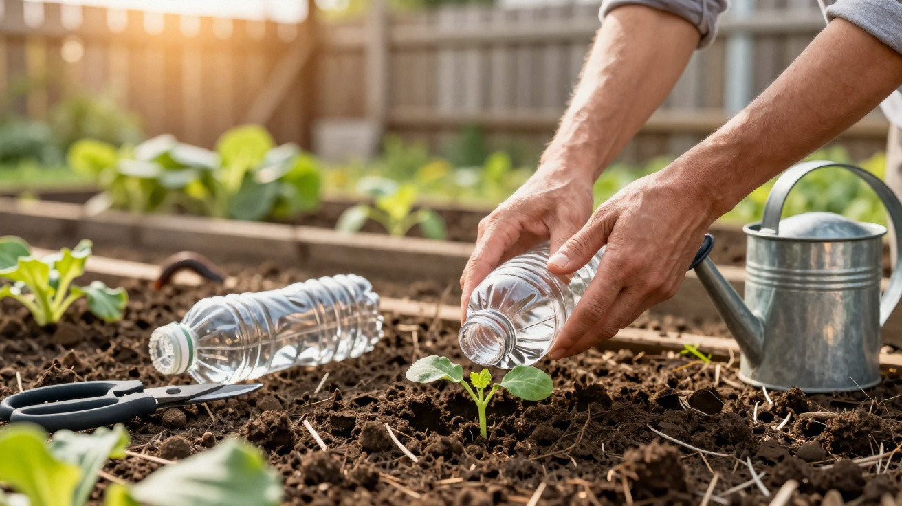 Person watering a small plant seedling in a garden using a plastic bottle with a watering can nearby.