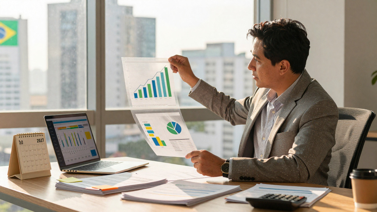 Man in a suit analysing charts and graphs in an office with cityscape view through the window.