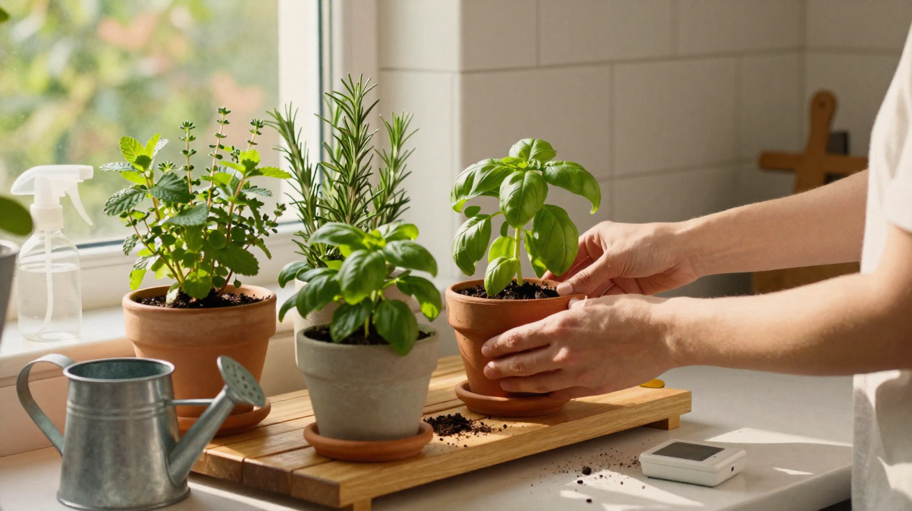 Hands tending to potted herb plants on a windowsill with a watering can and spray bottle nearby.