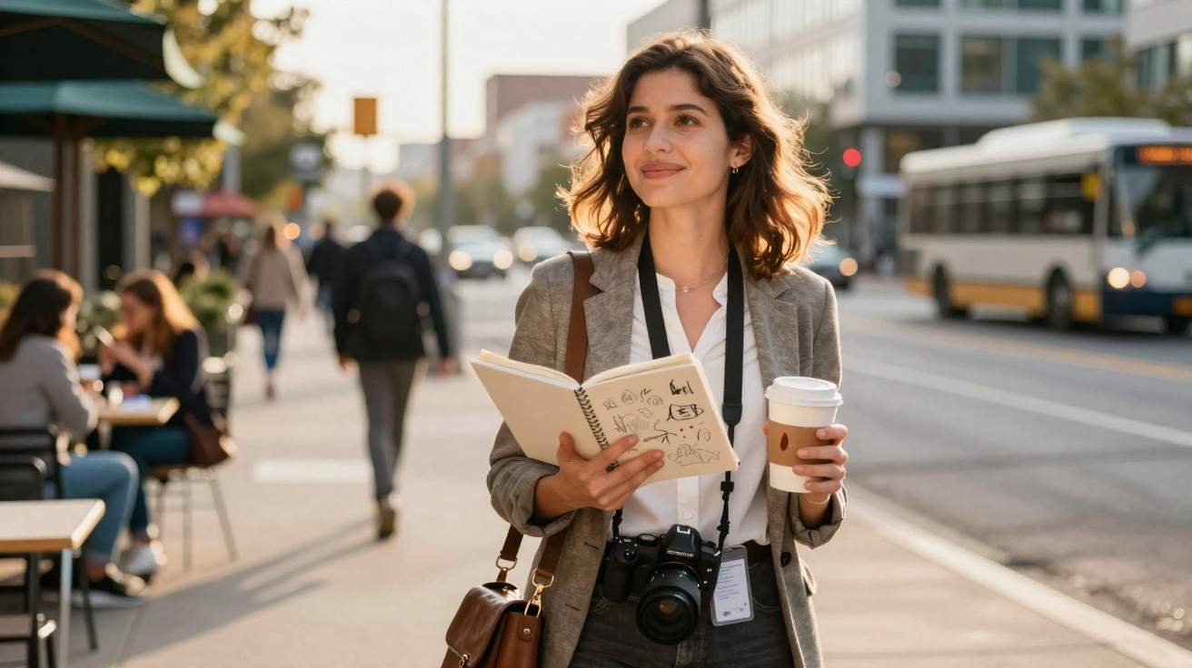 Young woman holding a notebook and coffee cup with a camera around her neck walking on a city sidewalk.