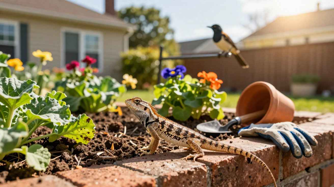 Lizard on brick garden bed with flowering plants, gardening gloves, a pot, and a bird in the background.
