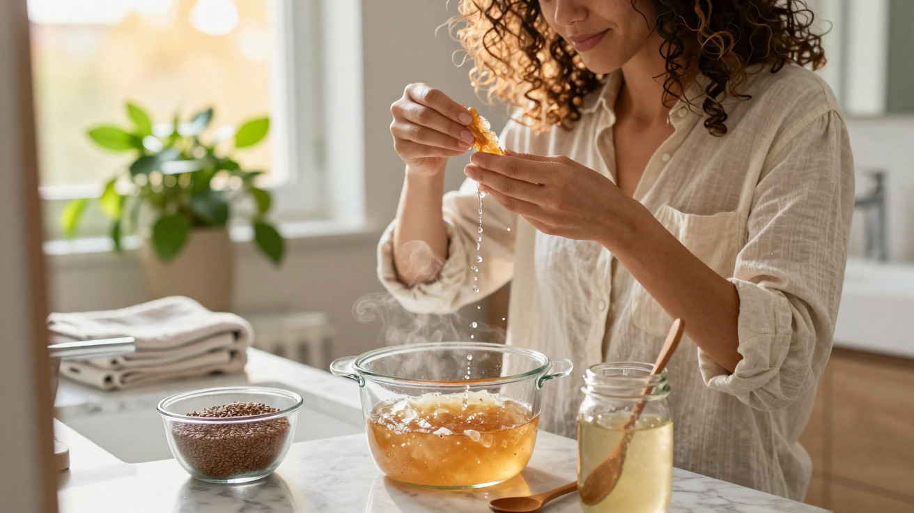Woman squeezing honeycomb over a bowl of honey in a bright kitchen.