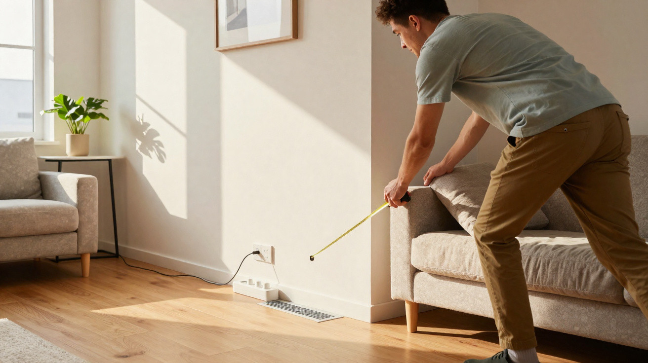 Man measuring distance from sofa to wall in a sunlit living room with wooden flooring and neutral decor.