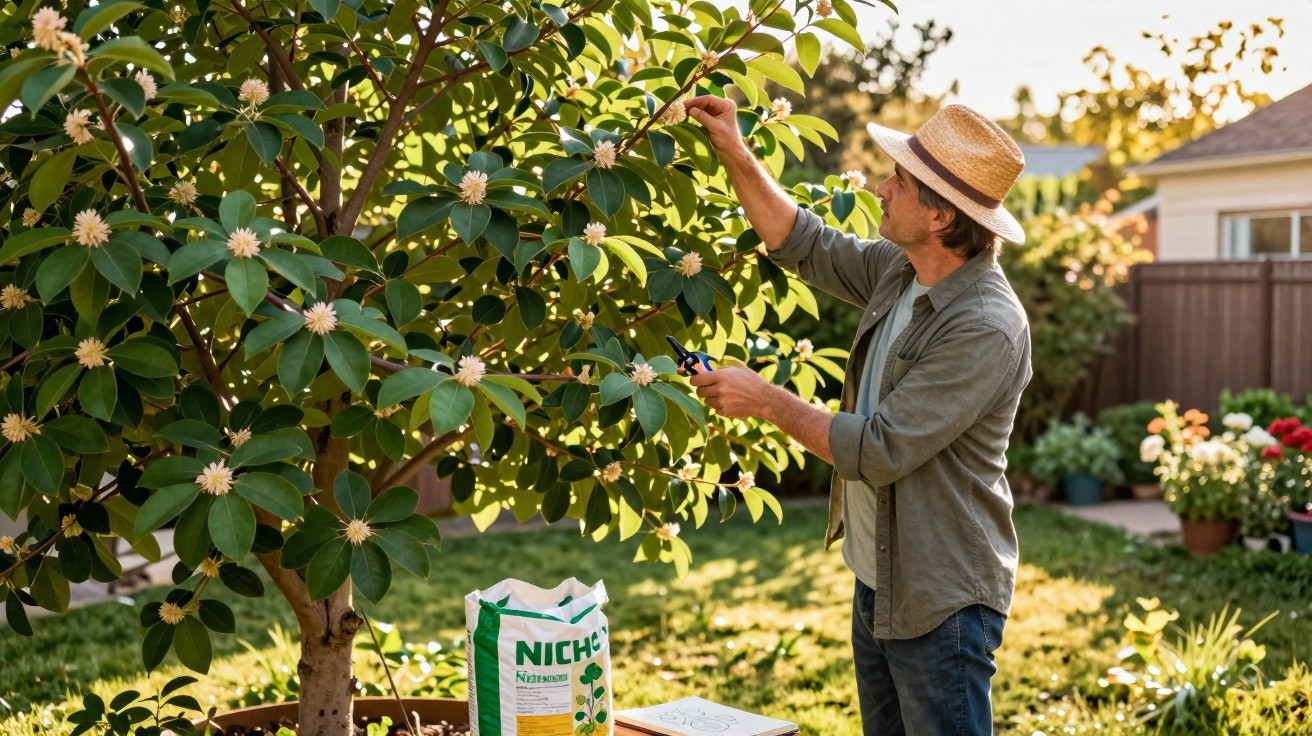 Man in straw hat pruning a flowering tree in a sunny garden with gardening supplies nearby