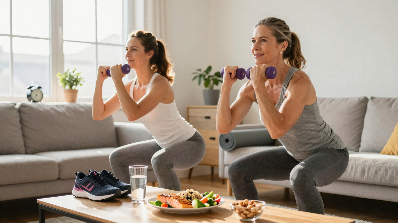 Two women exercising with dumbbells in a living room near healthy snacks on a table.