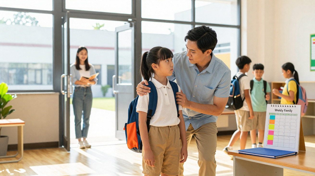 Father talking to daughter with backpack in bright school hallway while other children and woman stand nearby