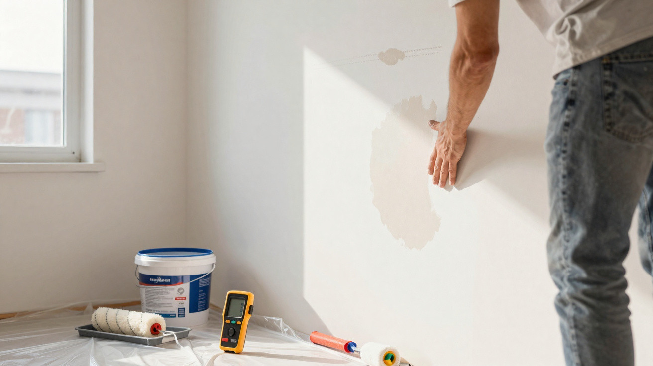 Person preparing to paint over wall patches with paint rollers and supplies on floor near window.