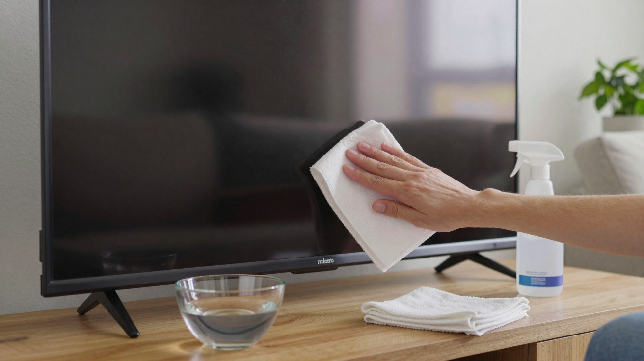 Person cleaning a flat-screen TV with a white cloth on a wooden stand in a living room.