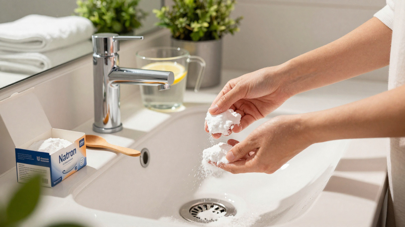 Person holding white powder over a white bathroom sink with a box of Natron sodium bicarbonate nearby.