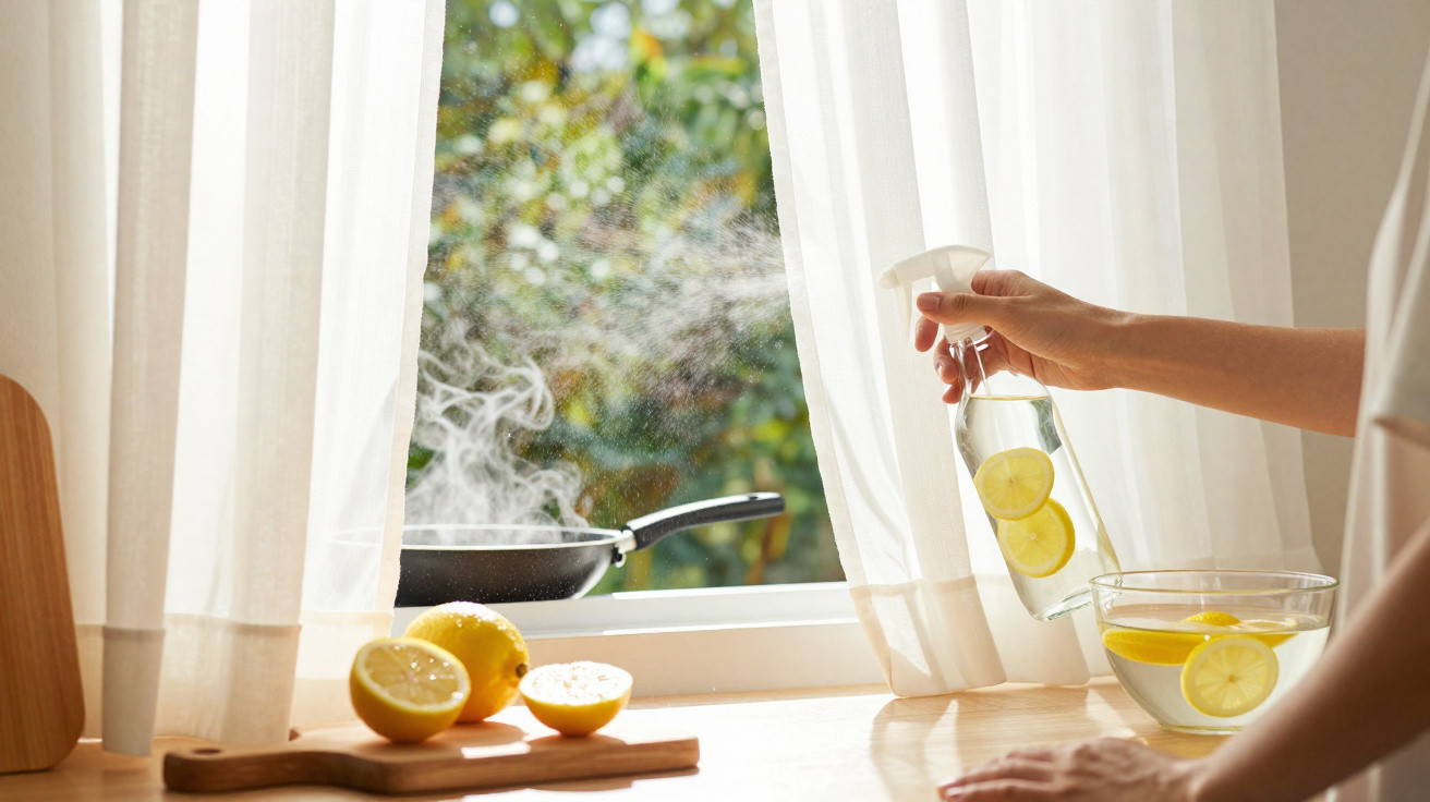 Hand spraying lemon-infused water near a steamy frying pan by a window with cut lemons on a chopping board.