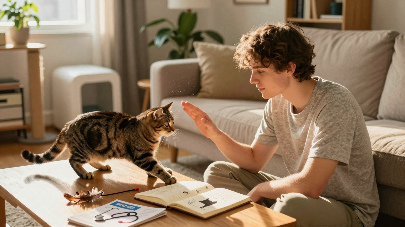 Young person training a tabby cat on a wooden table in a sunlit living room.