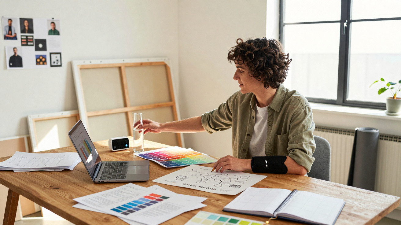 Person sitting at a wooden desk with colour swatches, charts, and a laptop in a bright, sunlit room.