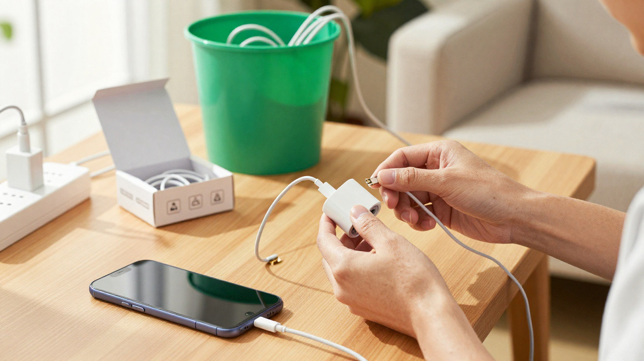 Person holding a white charger and cable near a smartphone on a wooden table with a green bucket in the background.