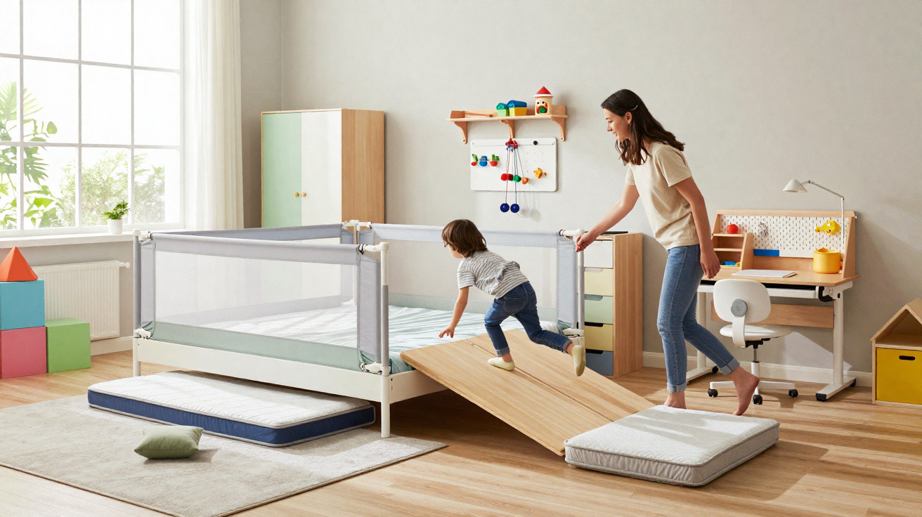 Child climbing onto a bed using a ramp while an adult watches in a bright, organised bedroom.